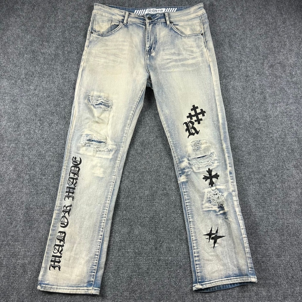 GSTR Distressed Graphic Jeans Mens 34 Light Wash Mad‎ or Made Crosses Streetwear